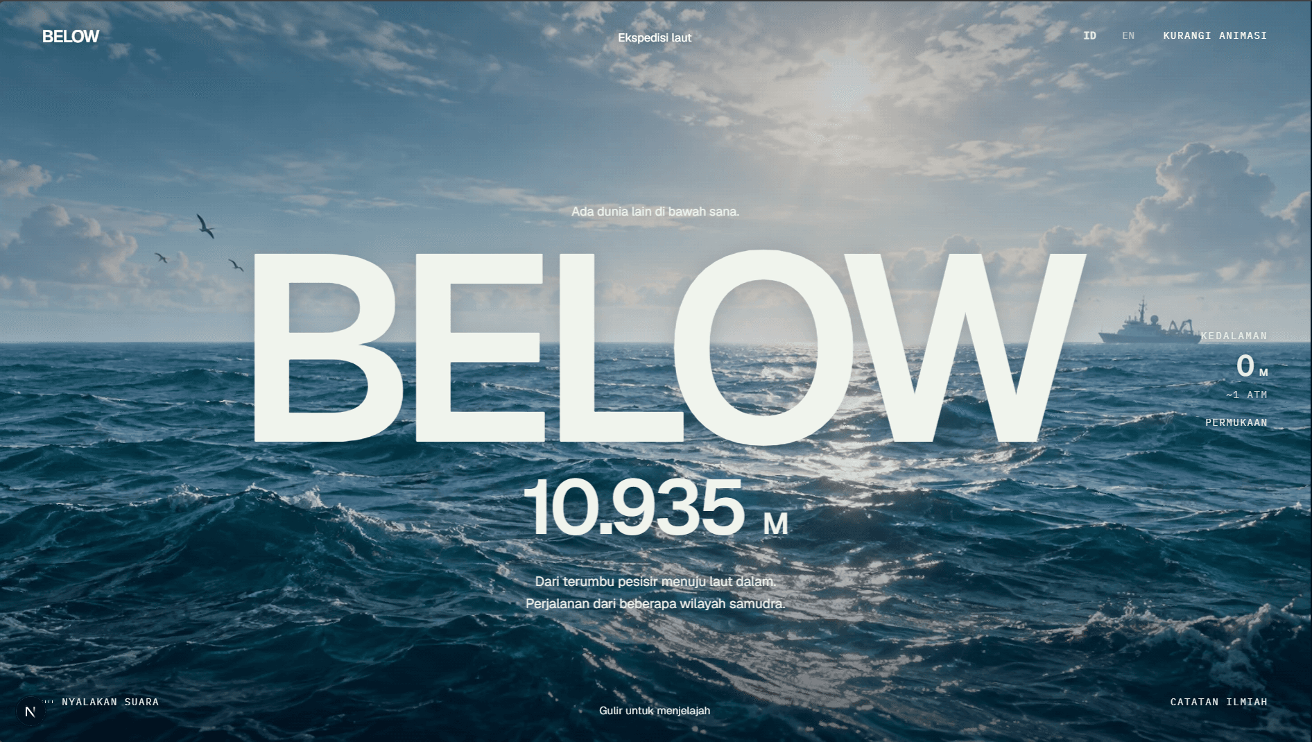 BELOW ocean exploration hero with an open sea scene, large title and depth indicator.