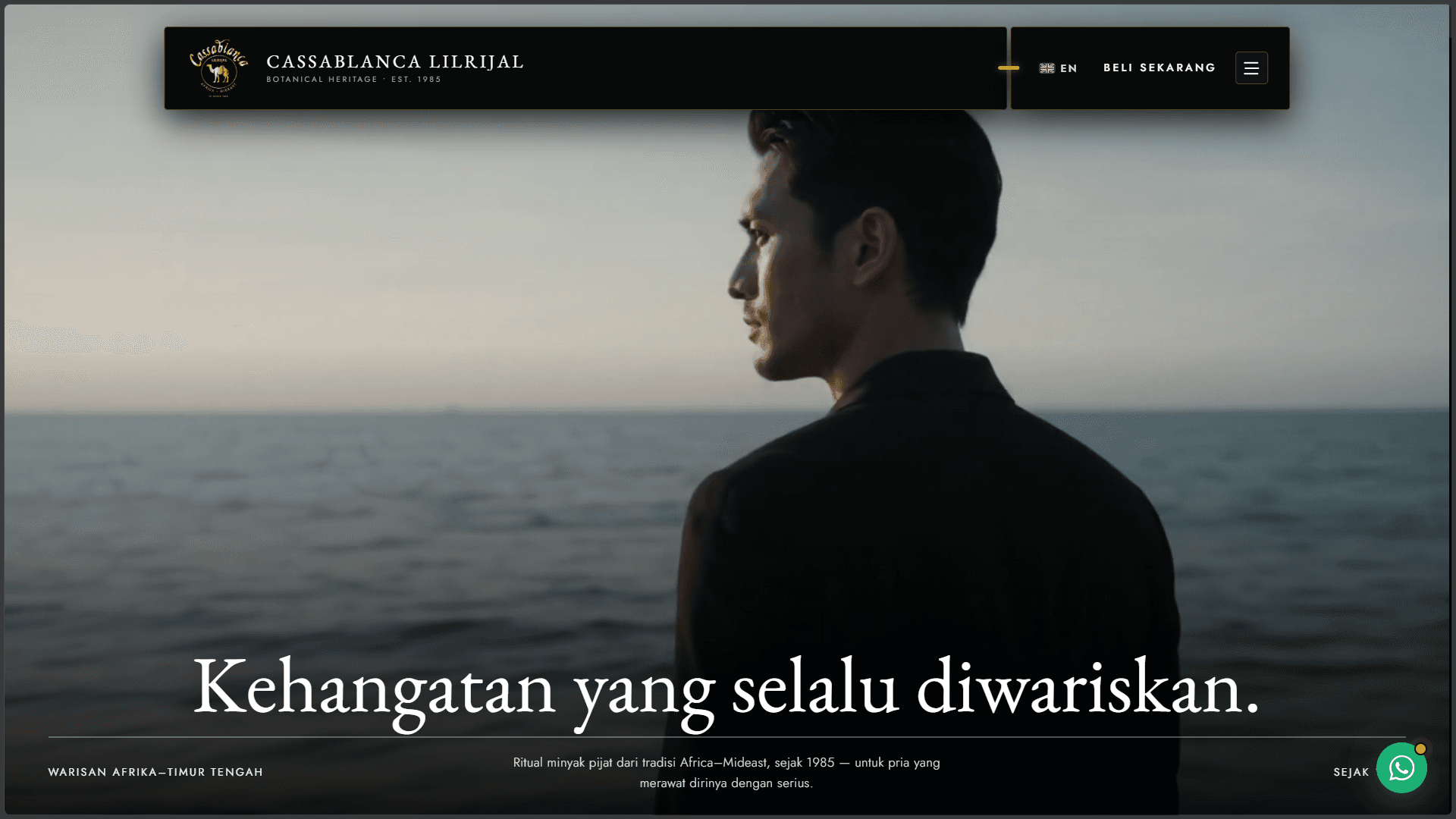 Cassablanca website hero with brand navigation, a coastal backdrop and a large headline.