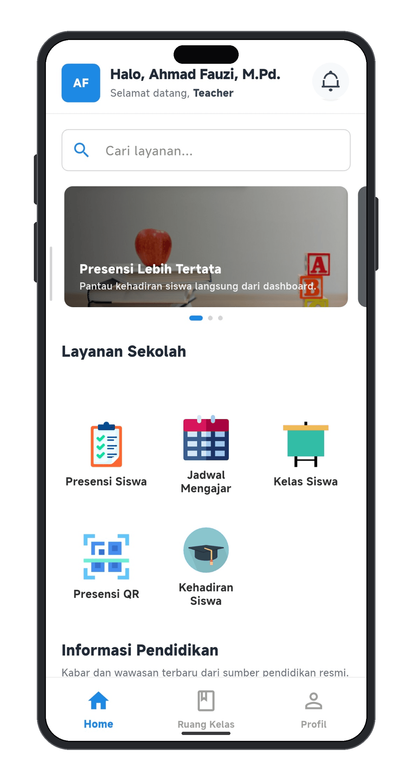 SIMPAD teacher home screen with attendance, teaching schedules and school services in its supplied smartphone frame.