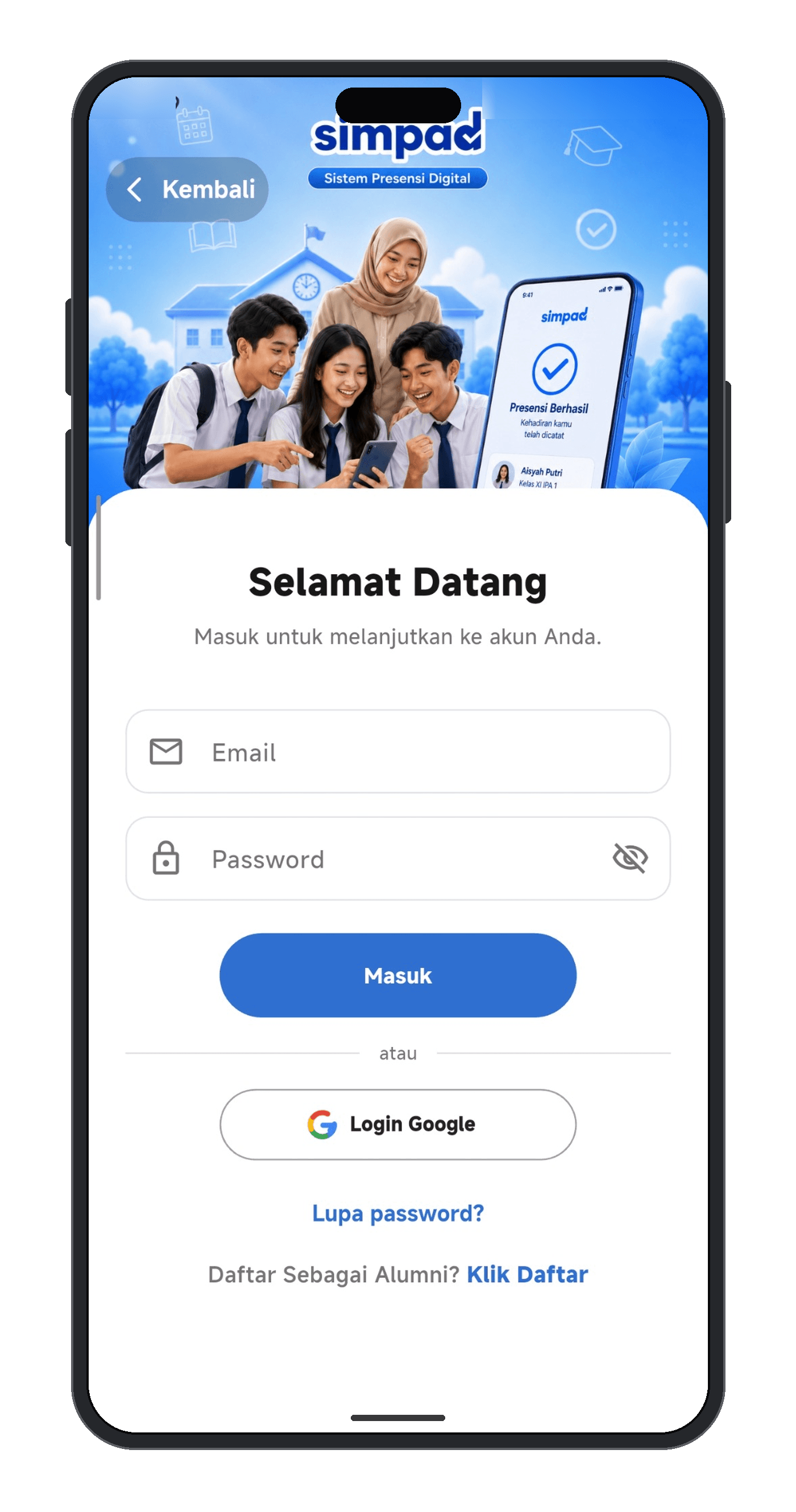 SIMPAD welcome and login screen in its supplied smartphone frame.
